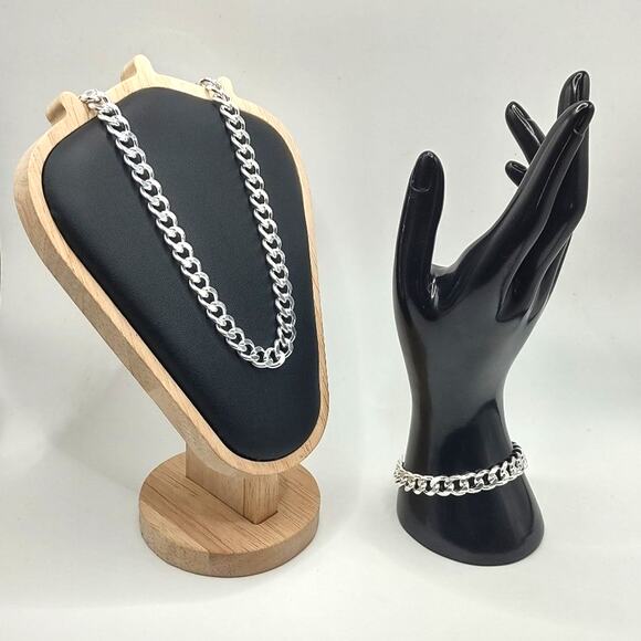 925 Silver Miami Cuban Chain Necklace & Bracelet Set Valentines Birthday Gift